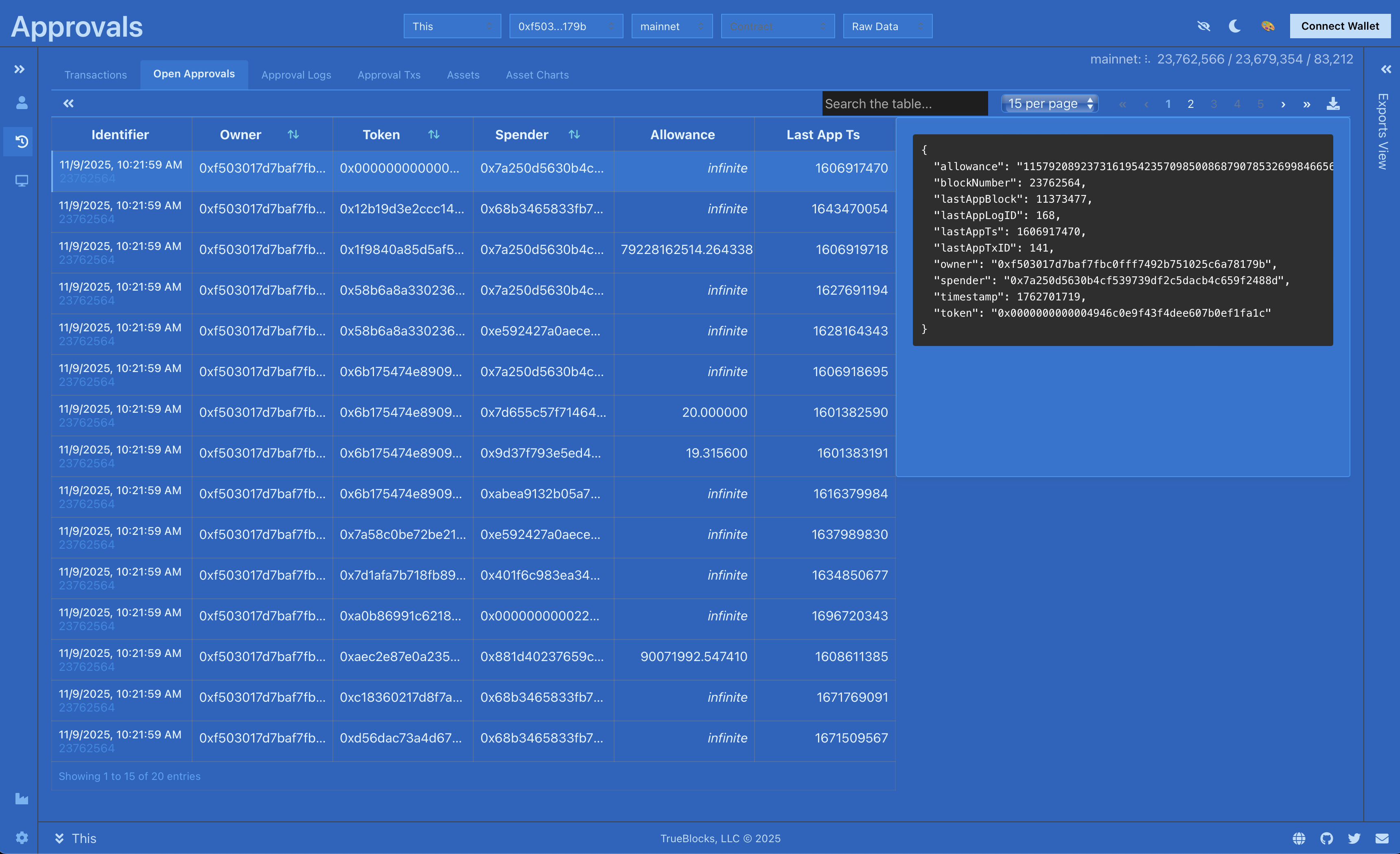 TrueBlocks Approvals Screenshot